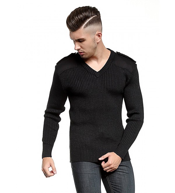 Mens Military Knitted Wool Blend Commando Sweater V-Neck With Epaulets ...