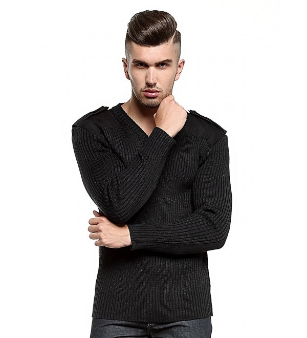 Mens Military Knitted Wool Blend Commando Sweater V-Neck With Epaulets ...