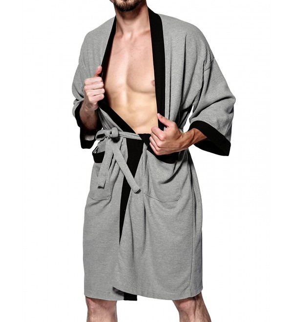 Men's Kimono Robe Soft Cotton Knit Waffle Weave Knee Length Spa Robe Grey C1187A0EC5E