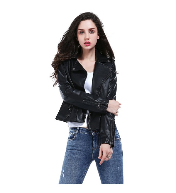 Women's Faux Leather PU Black Zipper Jacket - Black - CD185SE5U27