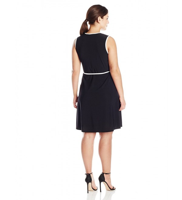 Women's Plus-Size Sleeveless Fauxwrap Dress with Piping - Black/Ivory ...