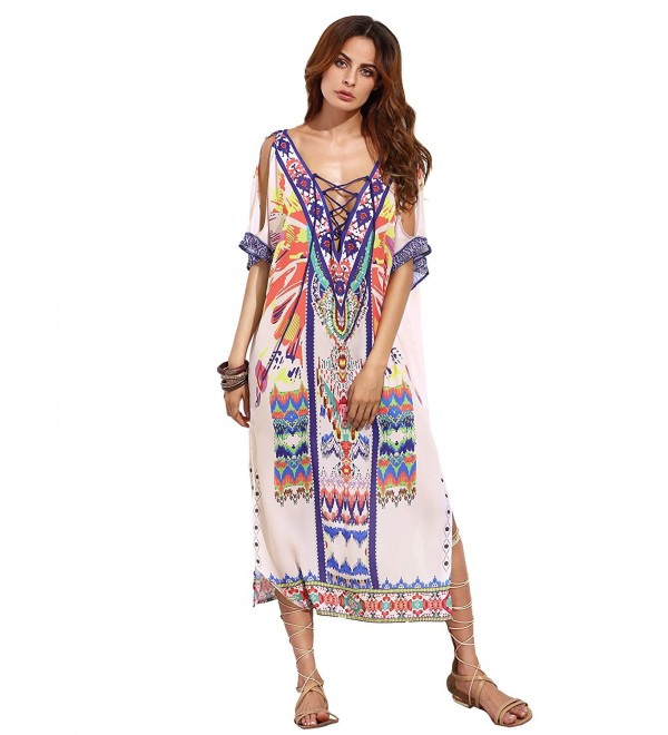 Women's Cold Shoulder Deep V Neck Split Beach Midi Dress Cover-UPS ...