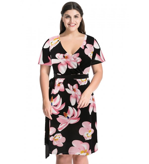 Plus Size Floral Dress V Neck Tie Waist Casual Dress - Pink - C712NA30CQK