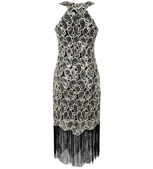 Women's 1920s Sequined Paisley Pattern Fringe Gatsby Flapper Dress ...