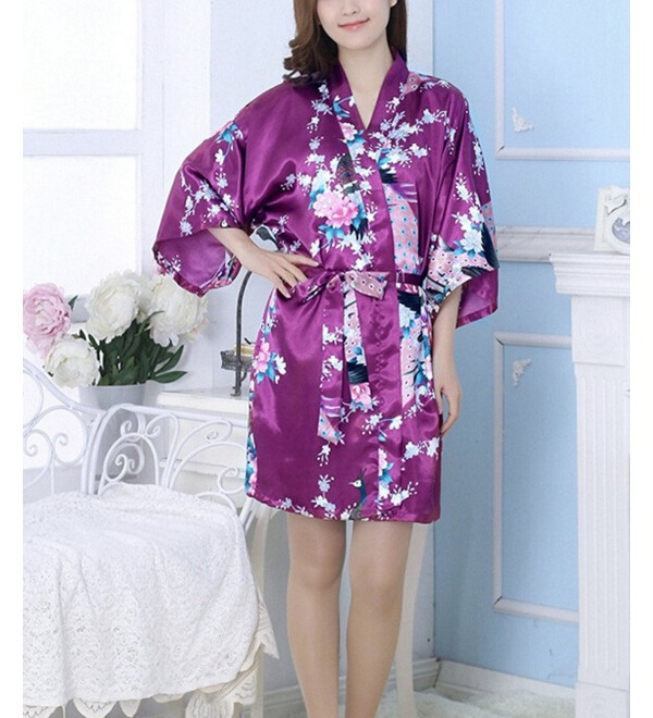 Bridesmaid Peacock Short Kimono Robe Wedding Satin Silk Sleepwear ...