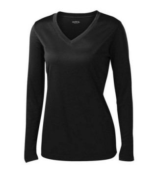 Ladies Long Sleeve V Neck Moisture Wicking Athletic Shirt - Black ...