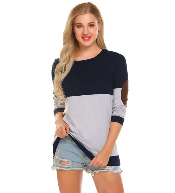 Women's Casual Color Block Elbow Patch Round Neck Long Sleeve Tunic ...