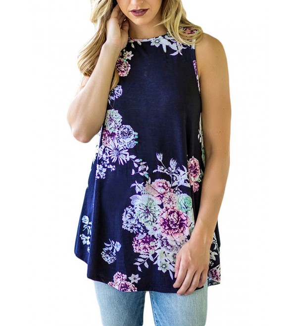 Women Floral Print T-Shirt High Neck Casual Blouse Sleeveless Tank Tops ...