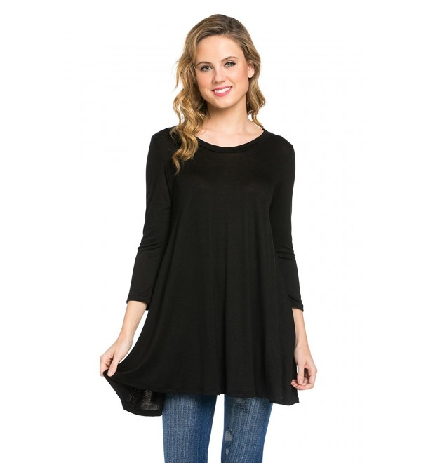 Womens Tunic 3/4 Sleeve Round Neck T Shirts Made In USA - Black ...