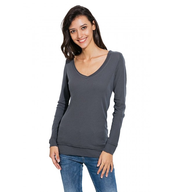 Women Basic Long Sleeve V Neck Cotton Slim Fit Plain T Shirt (XS-XL) - Dark Gray - C21896M8CZA