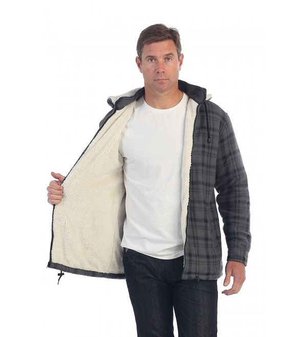 Mens Sherpa Lined Flannel Jacket with Removable Hood - Charcoal / Black ...