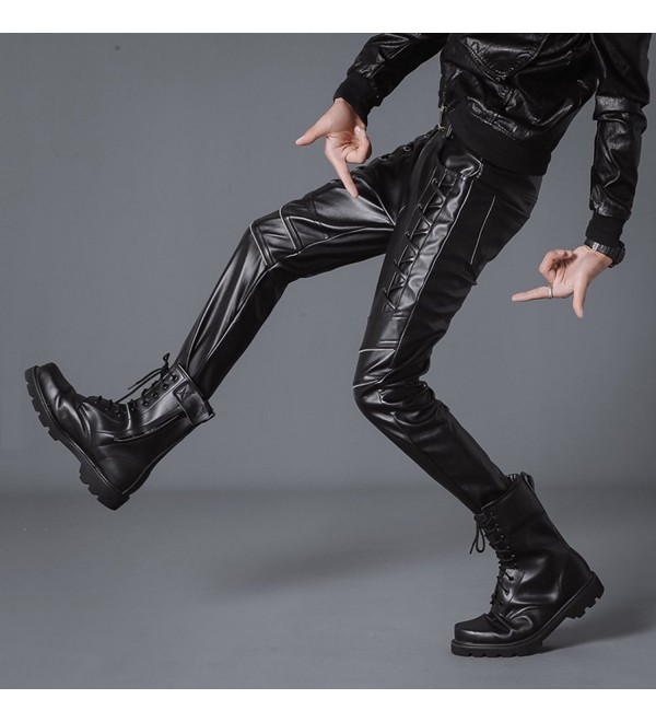 Men`s Rock Steampunk Lace Up PU Leather Pants Slim Fit - Black 666 ...