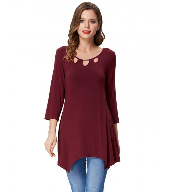 Women Loose Tunic Tops Blouse Hollow Out 3/4 Sleeve Shirts - Wine Red ...