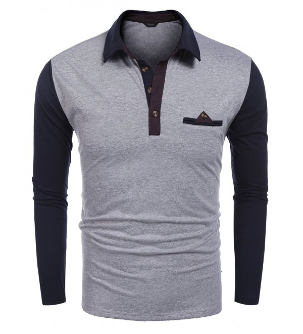 Mens Contrast Color Slim Fit Long Sleeves Button Down Polo Shirt - Grey ...