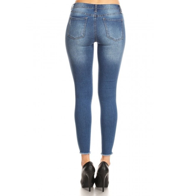 InstarMode Women's Mid-Rise Frayed Hem w/Ripped Slit Knee Skinny Jean ...