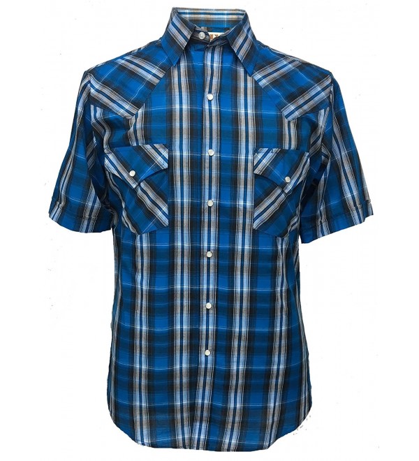 Short Sleeve Mens Polycotton Plaid Snap Western Shirt - Royal - C6180ZYRHQC