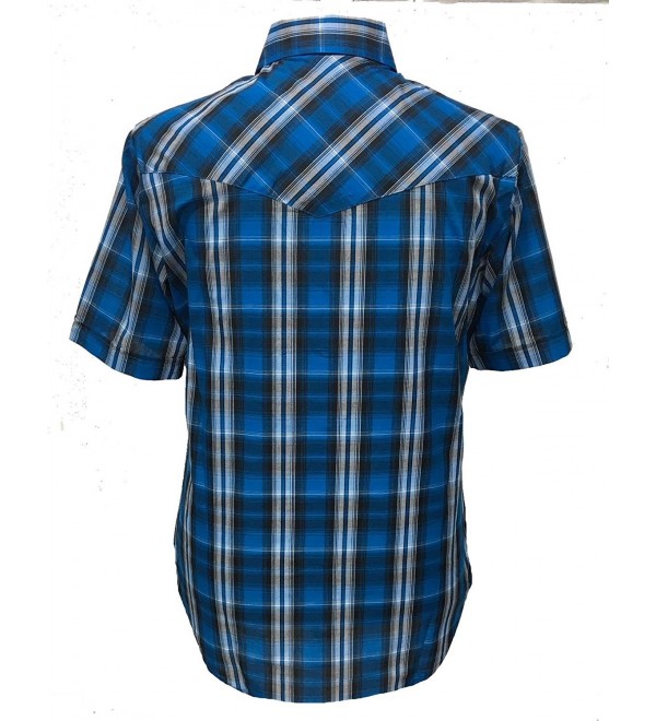 Short Sleeve Mens Polycotton Plaid Snap Western Shirt - Royal - C6180ZYRHQC