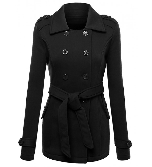 Women Double Breasted Hoodie Belted Pea Coat Long Sleeve Mid-Length ...