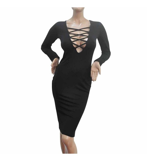 Women Sexy Long Sleeve Stretch Bodycon Party Bandage Dresses - Black ...