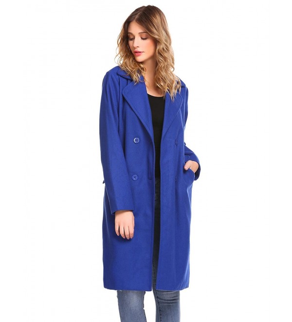 Long Trench Coat- Women's Elegant Double Breasted Slim Fit Winter Overcoat Outerwear - Royal 