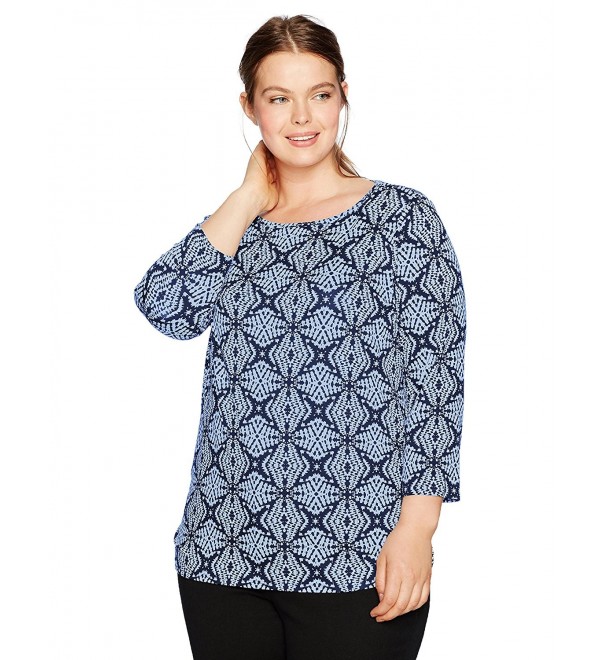 Women's Plus Size Printed 3/4 Sleeve Knit Top With Double Side Ruching ...