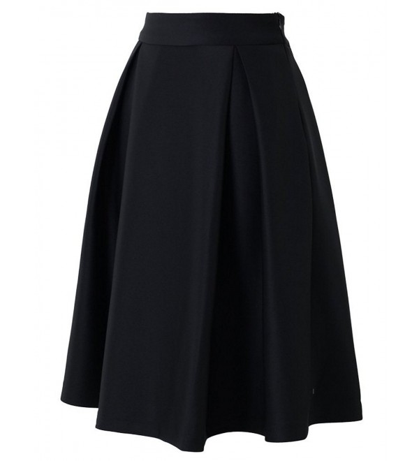 Women High Waist Full A-Line Pleated Swing Dress Midi Skirt - Black ...