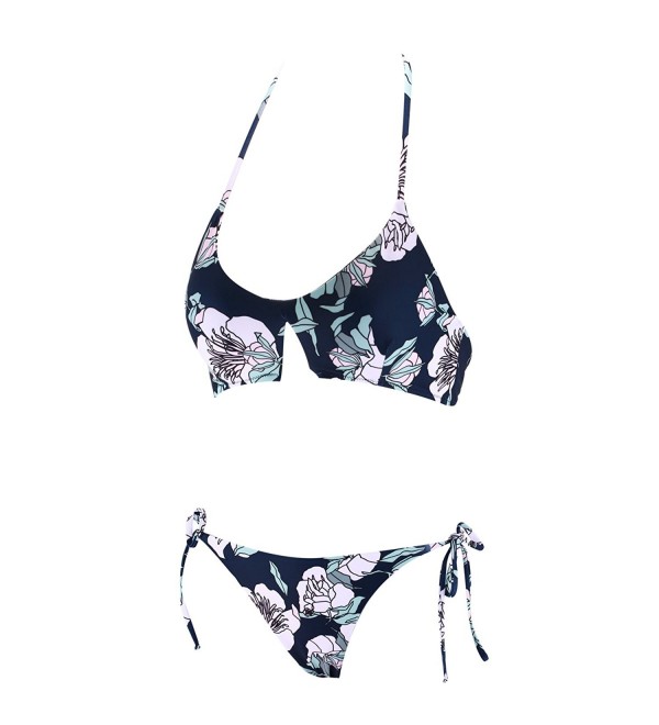 DD&MM Halter Floral Print Bikini Set- Notched Scoop Neck Tie Back ...