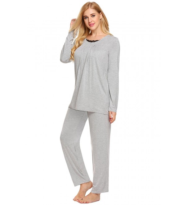 Women's Long Sleeve Pajamas Sets O-Neck Pleated Front Shirt Long Pant ...