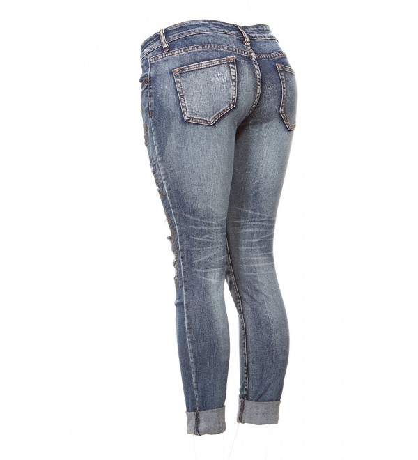 Ripped Distressed Patched Skinny Stretch Jeans For Women Bottom Cuff ...