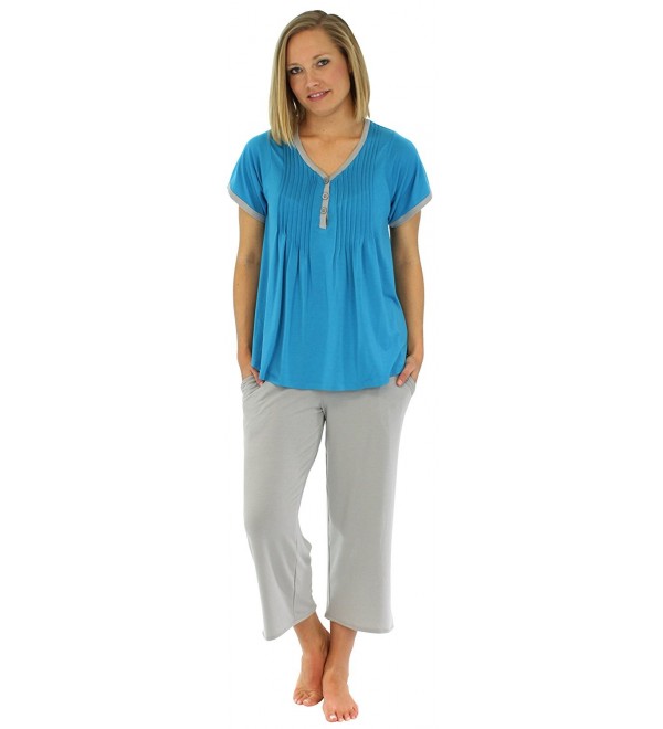 Women's Sleepwear Stretchy Knit Short Sleeve V-Neck Top and Capri Pant ...