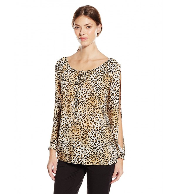 Women's Long Slit Sleeve Peasant Top With Keyhole Tie - Leopard/Melrose ...