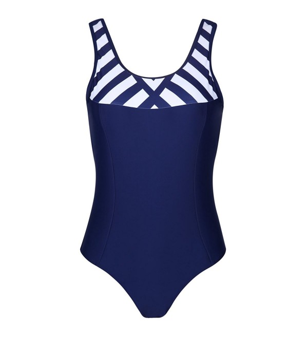 Striped Tank One Piece Swimsuit- Scoop Back Swimwear For Women - Blue ...