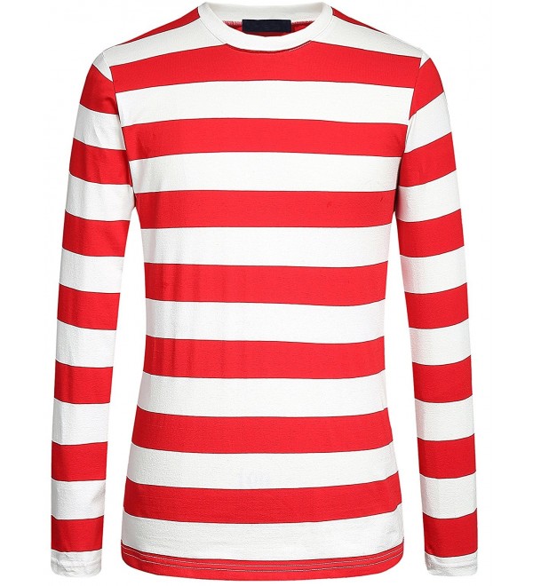Men's Cotton Crew Neck Long Sleeves Stripe T-Shirt - Red White ...