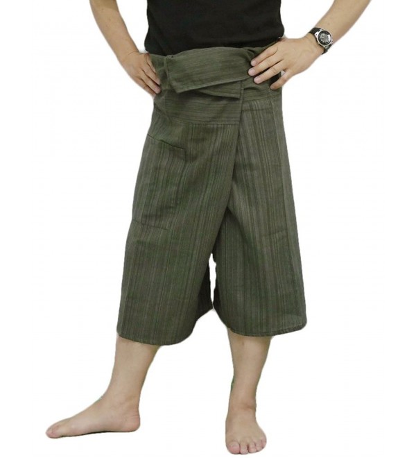 Thai Fisherman Pants Yoga Trousers Free Size 3/4 Cotton Stripe-Olive ...