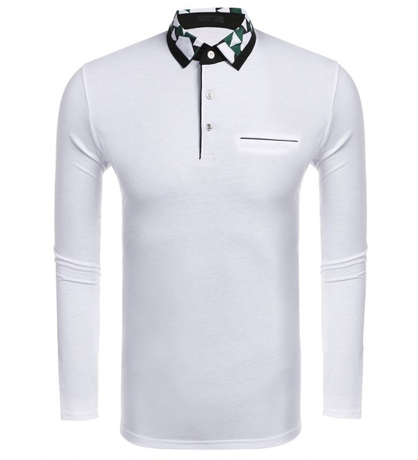 Men's Casual Long Sleeve Color Block Slim Fit Print Polo Shirt Button ...