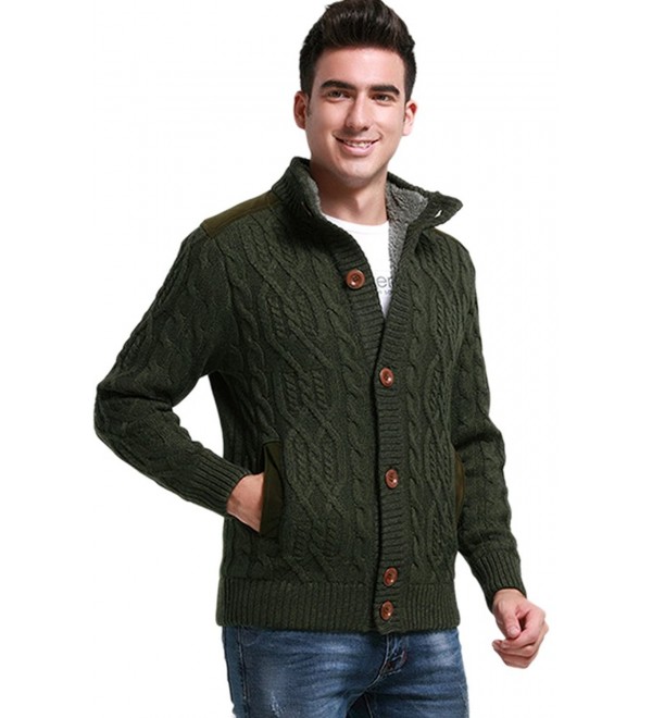 Men's Stand Collar Cable Knit Cardigan Sweater - Army Green - C412NEPFO2R