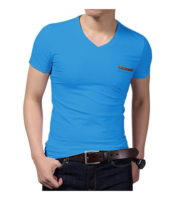 Men Short Sleeve V-Neck T-Shirt With Pocket - Blue - CK183307EIK