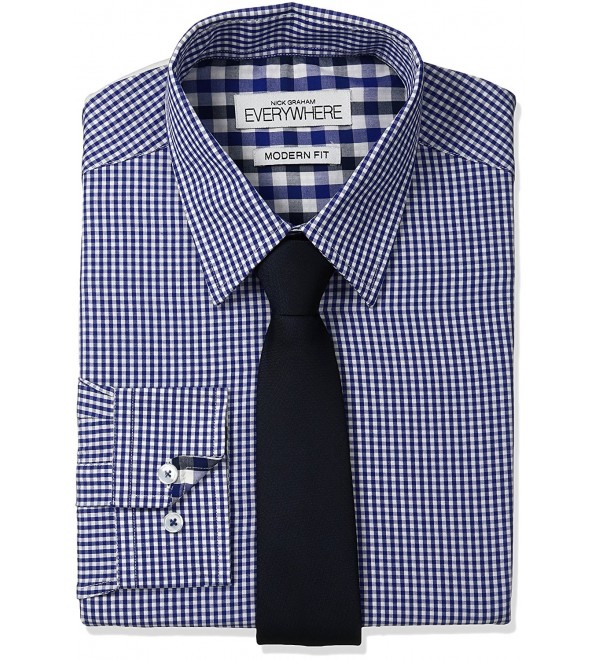 Everywhere Men's Micro Gingham Dress Shirt With Tie - Navy - CO12LPC6S1X