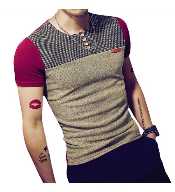 Mens Fashion Henley Neck Fitted Short-Sleeve Contrast Color Stitching T ...