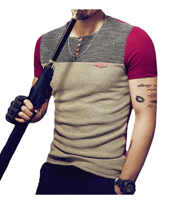 Mens Fashion Henley Neck Fitted Short-Sleeve Contrast Color Stitching T ...