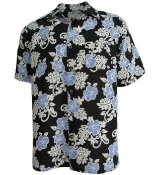 Mens Hawaiian Silk Camp Shirt Black Blue Hibiscus Casual - CV12GWG9HY7