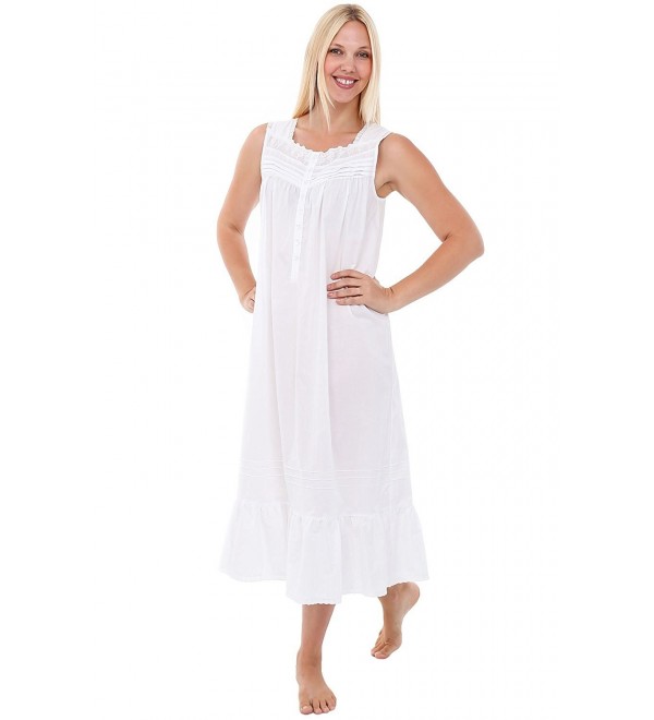 Womens Lydia Cotton Nightgown- Long Sleeveless Victorian Sleepwear ...