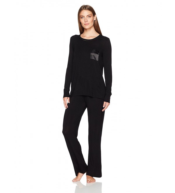 Women's Long-Sleeve Jersey Pajamas With Satin Pocket - Black - CO17YXXWMLQ