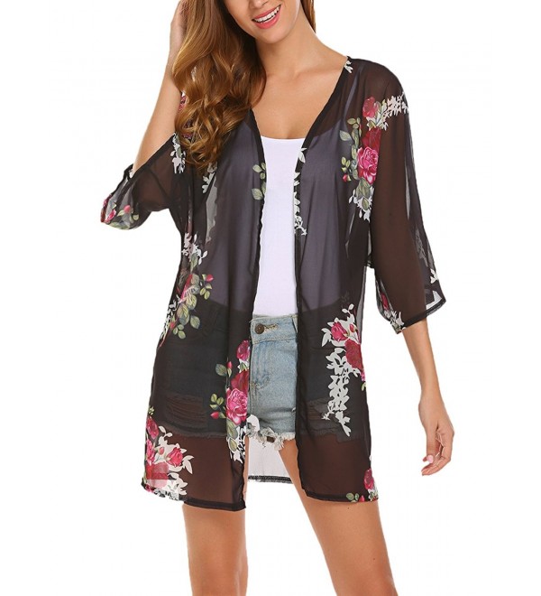 Womens Floral Print Sheer Chiffon Kimono Cardigan Blouse Loose Beach ...