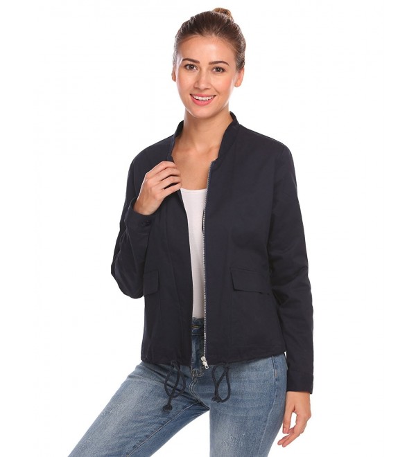 Women's Jacket Open Front Pocket Slim Short Casual Coat - Navy Blue ...